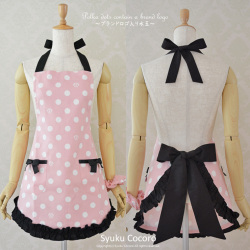 ピンク／ホワイト水玉スリムエプロン【シュクココロ ロゴ入り